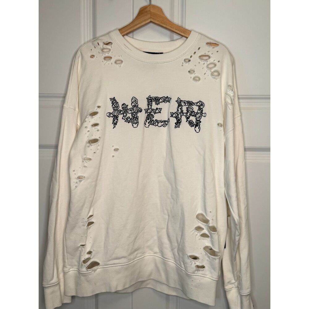 HEA Distressed Sweatshirt Men's Large Cream Floral Logo Graphic Grunge Punk